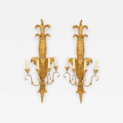 Pair of Italian Neoclassic Style Carved Palm Giltwood Wall Sconces