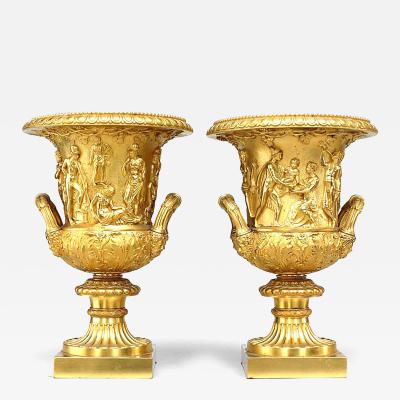 Pair of Italian Neoclassic Style Gilt Bronze Urns