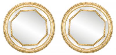 Pair of Italian Neoclassic Style Round White Painted and Gilt Wall Mirrors