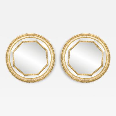 Pair of Italian Neoclassic Style Round White Painted and Gilt Wall Mirrors
