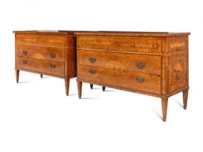 Pair of Italian Neoclassic Walnut And Marquetry Commodes