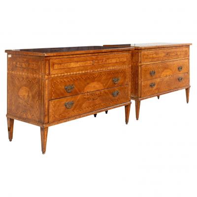 Pair of Italian Neoclassic Walnut And Marquetry Commodes