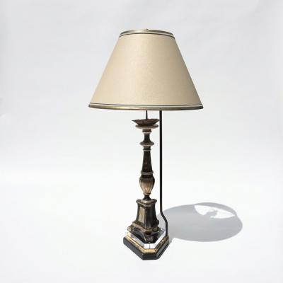 Pair of Italian Neoclassical Black and Silver Gilt Candlestick Lamps Circa 1820