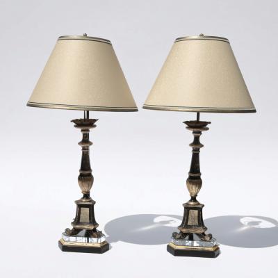 Pair of Italian Neoclassical Black and Silver Gilt Candlestick Lamps Circa 1820