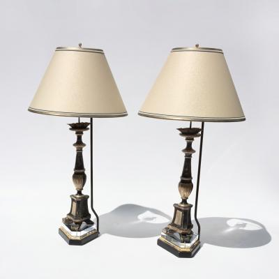Pair of Italian Neoclassical Black and Silver Gilt Candlestick Lamps Circa 1820
