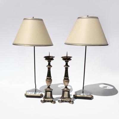 Pair of Italian Neoclassical Black and Silver Gilt Candlestick Lamps Circa 1820