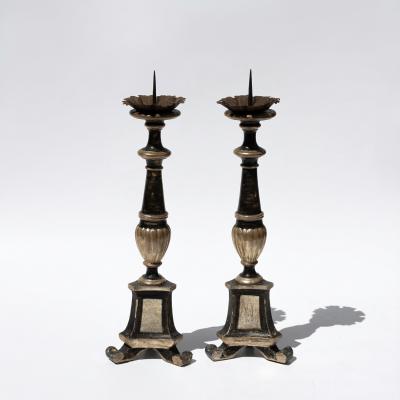 Pair of Italian Neoclassical Black and Silver Gilt Candlestick Lamps Circa 1820