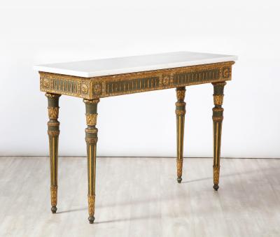 Pair of Italian Neoclassical Carved Painted and Gilded Console Tables