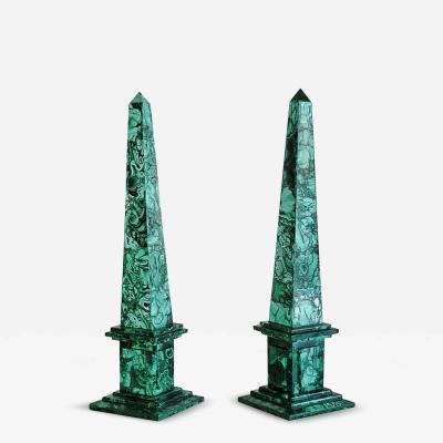 Pair of Italian Neoclassical Style Malachite Veneered Obelisks
