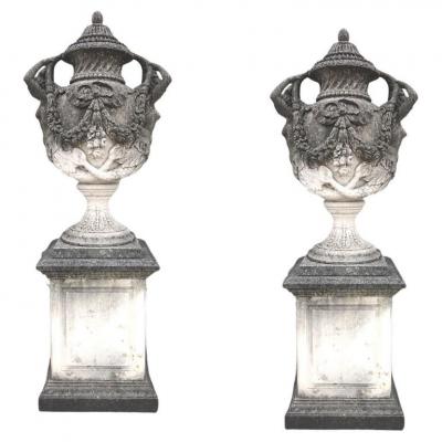Pair of Italian Neoclassical Style Monumental Stone Garden Vases