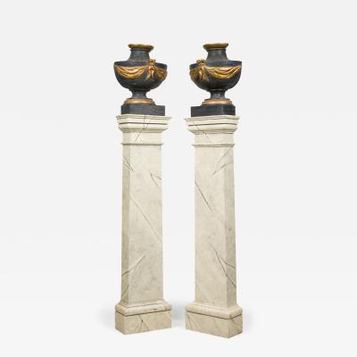 Pair of Italian Neoclassicalal Painted and Parcel Gilt Urns on Pedestals