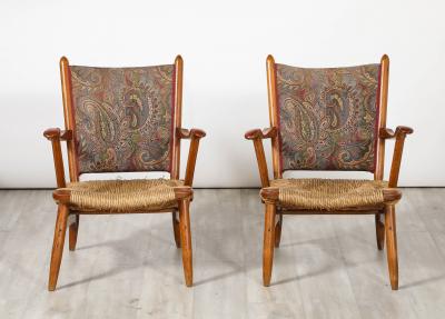 Pair of Italian Oak Armchairs with Rush Seats Italy circa 1940