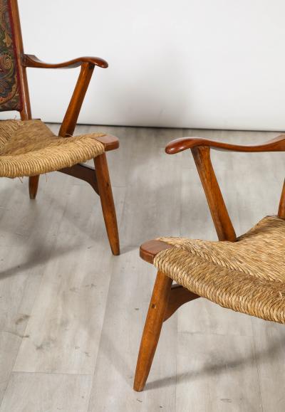 Pair of Italian Oak Armchairs with Rush Seats Italy circa 1940