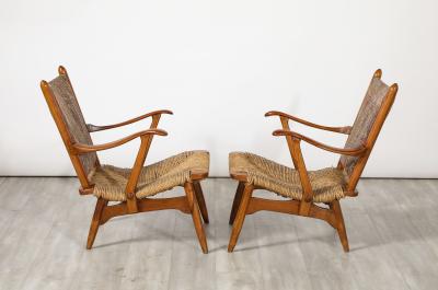 Pair of Italian Oak Armchairs with Rush Seats Italy circa 1940