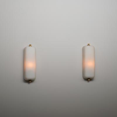 Pair of Italian Opaline Glass and Brass Wall Sconces 1950s