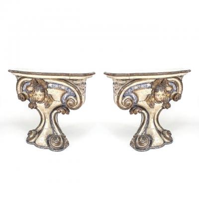 Pair of Italian Painted Limewood Consoles