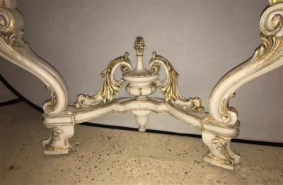 Pair of Italian Parcel Paint and Gilt Decorated Faux Marble Top Console Tables