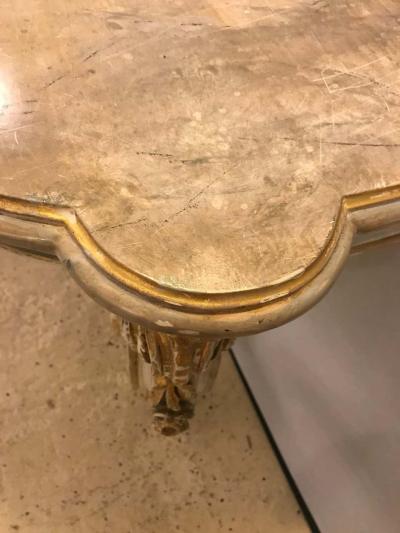 Pair of Italian Parcel Paint and Gilt Decorated Faux Marble Top Console Tables
