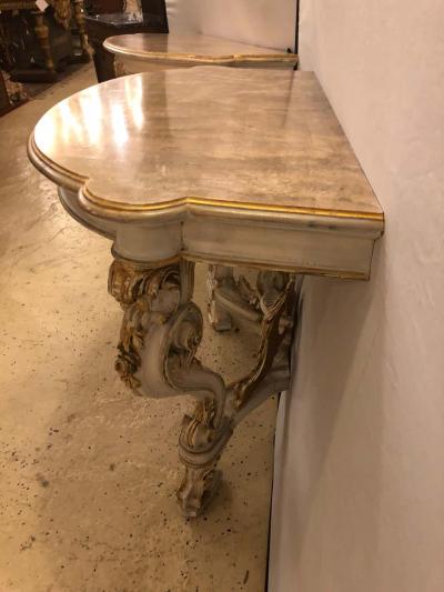Pair of Italian Parcel Paint and Gilt Decorated Faux Marble Top Console Tables
