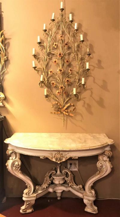 Pair of Italian Parcel Paint and Gilt Decorated Faux Marble Top Console Tables