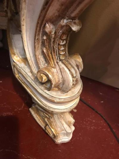 Pair of Italian Parcel Paint and Gilt Decorated Faux Marble Top Console Tables