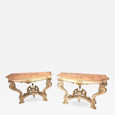 Pair of Italian Parcel Paint and Gilt Decorated Faux Marble Top Console Tables