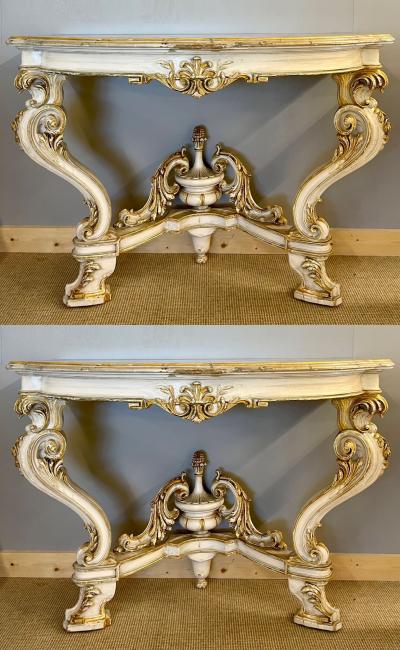 Pair of Italian Parcel Paint and Gilt Decorated Faux Marble Top Console Tables