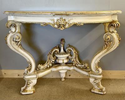 Pair of Italian Parcel Paint and Gilt Decorated Faux Marble Top Console Tables