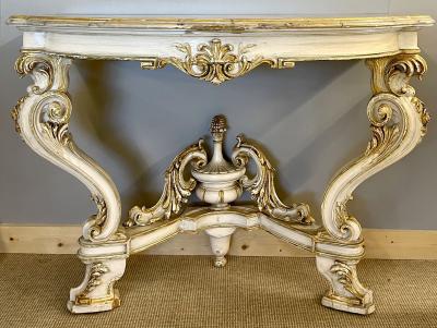 Pair of Italian Parcel Paint and Gilt Decorated Faux Marble Top Console Tables
