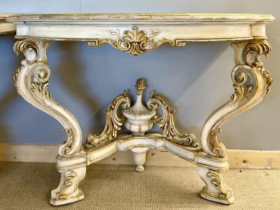 Pair of Italian Parcel Paint and Gilt Decorated Faux Marble Top Console Tables