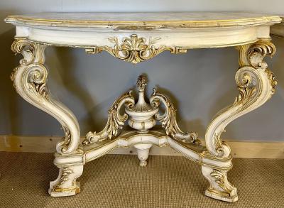 Pair of Italian Parcel Paint and Gilt Decorated Faux Marble Top Console Tables
