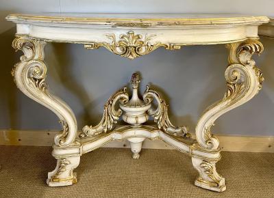 Pair of Italian Parcel Paint and Gilt Decorated Faux Marble Top Console Tables