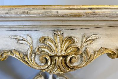 Pair of Italian Parcel Paint and Gilt Decorated Faux Marble Top Console Tables