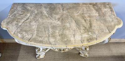 Pair of Italian Parcel Paint and Gilt Decorated Faux Marble Top Console Tables