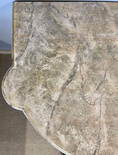 Pair of Italian Parcel Paint and Gilt Decorated Faux Marble Top Console Tables