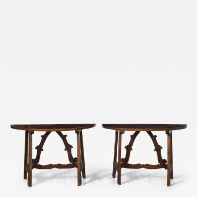 Pair of Italian Period Baroque Walnut Demi Lune Console Tables circa 1680