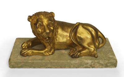 Pair of Italian Renaissance Small Gilt Bronze Lions