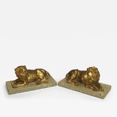 Pair of Italian Renaissance Small Gilt Bronze Lions