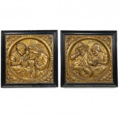 Pair of Italian Renaissance Style Brass Embossed Wall Plaques