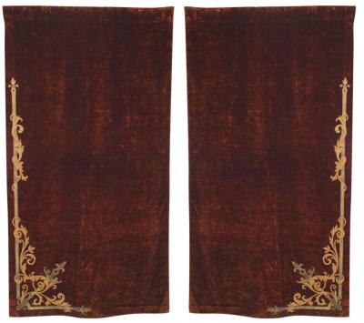 Pair of Italian Renaissance Style Brown Velvet Metallic Embroidered Drapes