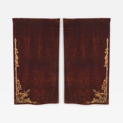 Pair of Italian Renaissance Style Brown Velvet Metallic Embroidered Drapes