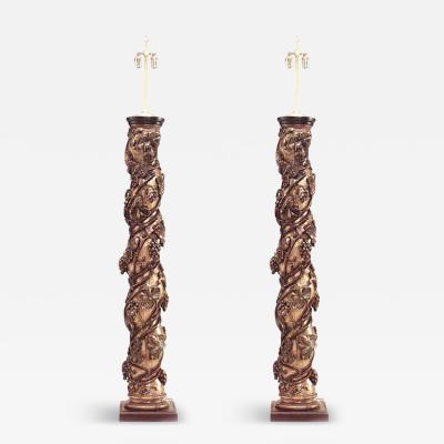Pair of Italian Rococo Gilt Polychromed Solomonic Column Floor Lamps