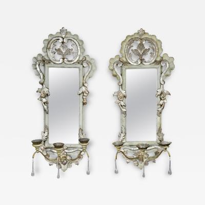 Pair of Italian Rococo Gray Painted and Silver Gilt Girandole Mirrors