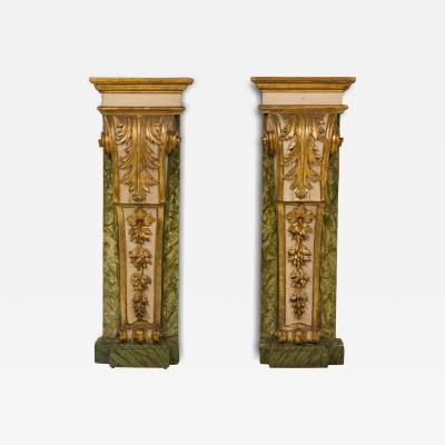 Pair of Italian Rococo Parcel Gilt Painted Foliate Wood Wall Pilaster Pedestals