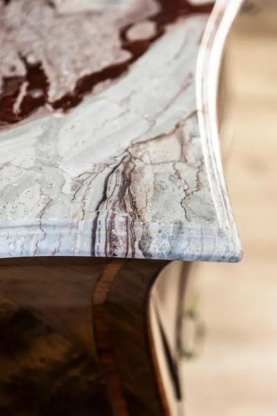 Pair of Italian Rococo Style 1900s Marble Top Bomb Commodes with Marquetry