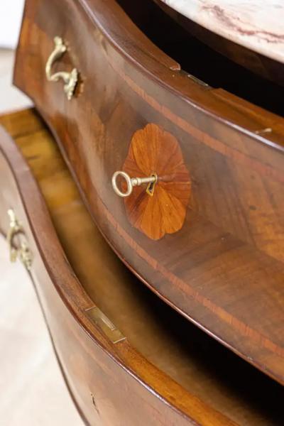 Pair of Italian Rococo Style 1900s Marble Top Bomb Commodes with Marquetry