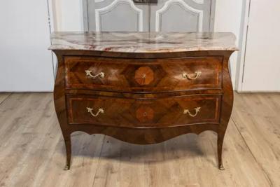 Pair of Italian Rococo Style 1900s Marble Top Bomb Commodes with Marquetry