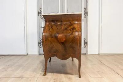 Pair of Italian Rococo Style 1900s Marble Top Bomb Commodes with Marquetry