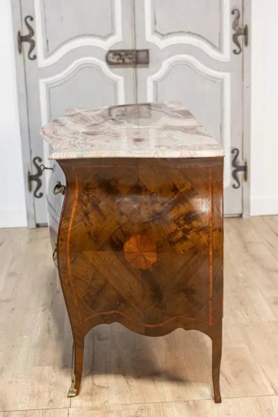 Pair of Italian Rococo Style 1900s Marble Top Bomb Commodes with Marquetry