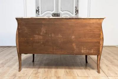 Pair of Italian Rococo Style 1900s Marble Top Bomb Commodes with Marquetry